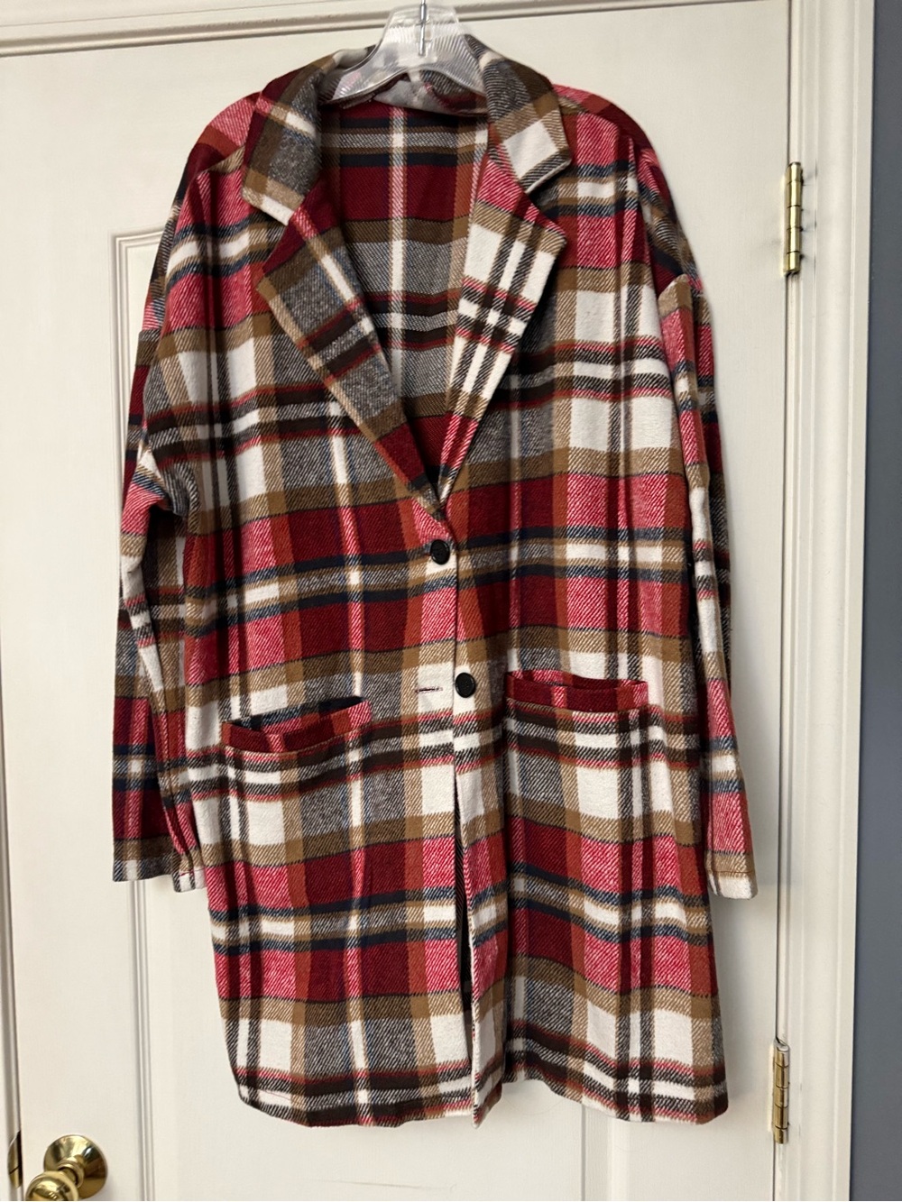 Plaid Button-Front Women's Coat in Red and Brown